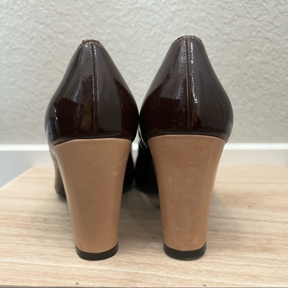 Franco Sarto Brown & Tan Leather Buckle Toe Block High Heel 5.5 - Picture 3 of 8